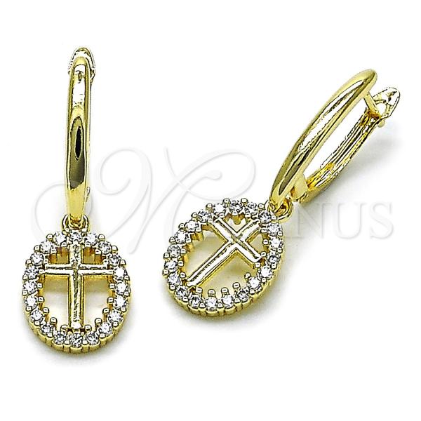 Oro Laminado Dangle Earring, Gold Filled Style Cross Design, with White Cubic Zirconia, Polished, Golden Finish, 02.253.0090