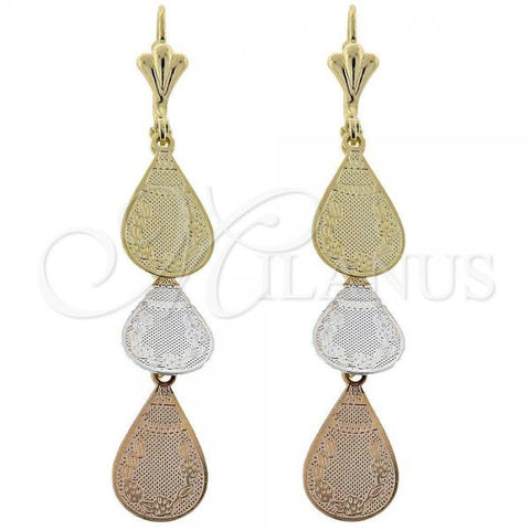 Oro Laminado Chandelier Earring, Gold Filled Style Flower Design, Diamond Cutting Finish, Tricolor, 66.007