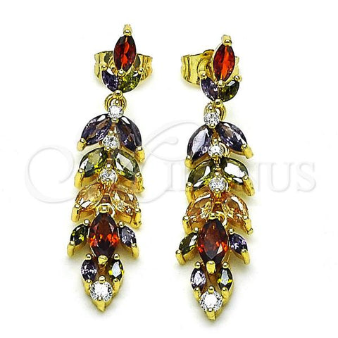 Oro Laminado Long Earring, Gold Filled Style Leaf Design, with Multicolor Cubic Zirconia, Polished, Golden Finish, 02.346.0019.2