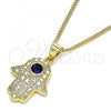 Oro Laminado Pendant Necklace, Gold Filled Style Hand of God Design, with Sapphire Blue and White Micro Pave, Polished, Golden Finish, 04.156.0396.20