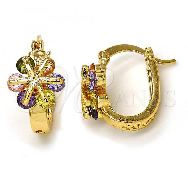 Oro Laminado Small Hoop, Gold Filled Style Flower Design, with Multicolor Cubic Zirconia, Polished, Golden Finish, 02.196.0002.2.15