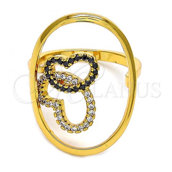 Oro Laminado Multi Stone Ring, Gold Filled Style Butterfly Design, with White and Black Crystal, Polished, Golden Finish, 01.118.0056.8 (Size 8)