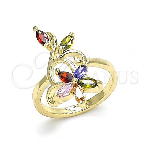 Oro Laminado Multi Stone Ring, Gold Filled Style Flower and Leaf Design, with Multicolor Cubic Zirconia, Polished, Golden Finish, 01.210.0144.08