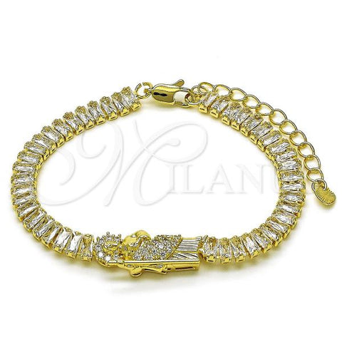 Oro Laminado Fancy Bracelet, Gold Filled Style San Judas and Baguette Design, with White Micro Pave, Polished, Golden Finish, 03.411.0027.07