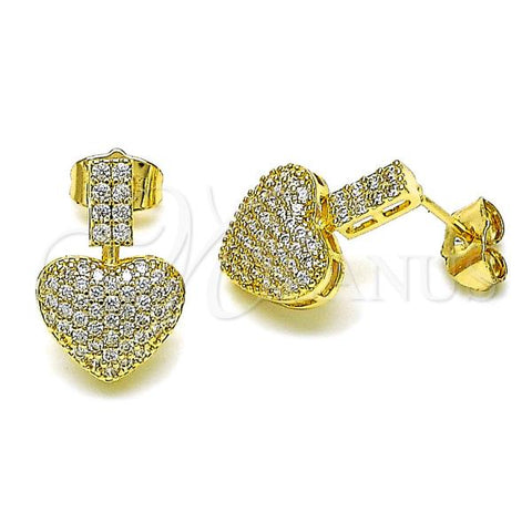 Oro Laminado Dangle Earring, Gold Filled Style Heart Design, with White Micro Pave, Polished, Golden Finish, 02.283.0087
