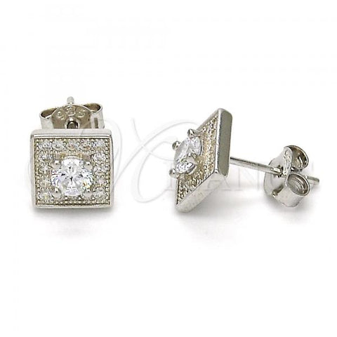 Sterling Silver Stud Earring, with White Cubic Zirconia and White Micro Pave, Polished, Rhodium Finish, 02.186.0023