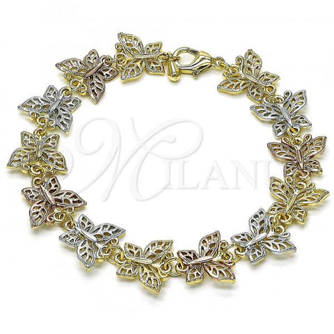 Oro Laminado Fancy Bracelet, Gold Filled Style Butterfly Design, Polished, Tricolor, 03.351.0135.08