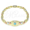 Oro Laminado Fancy Bracelet, Gold Filled Style Dolphin and Heart Design, with Blue Topaz and Black Cubic Zirconia, Polished, Tricolor, 03.380.0106.07