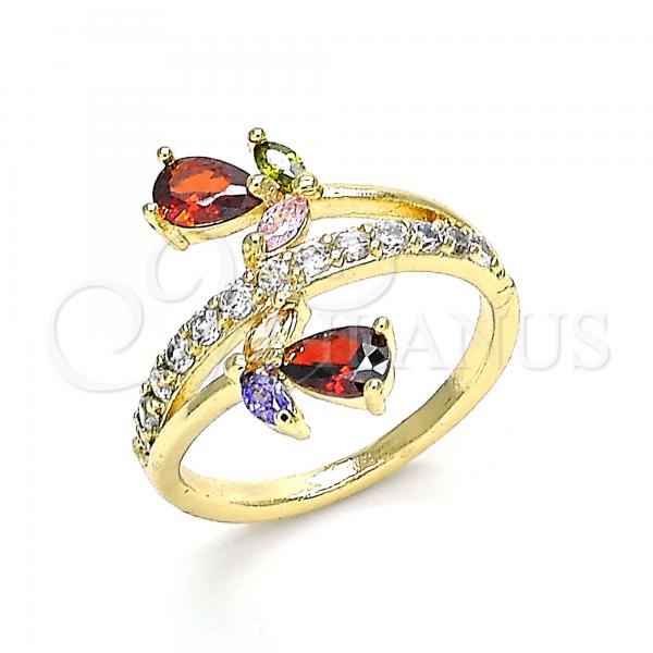 Oro Laminado Multi Stone Ring, Gold Filled Style Teardrop and Leaf Design, with Multicolor Cubic Zirconia and White Micro Pave, Polished, Golden Finish, 01.210.0145.08