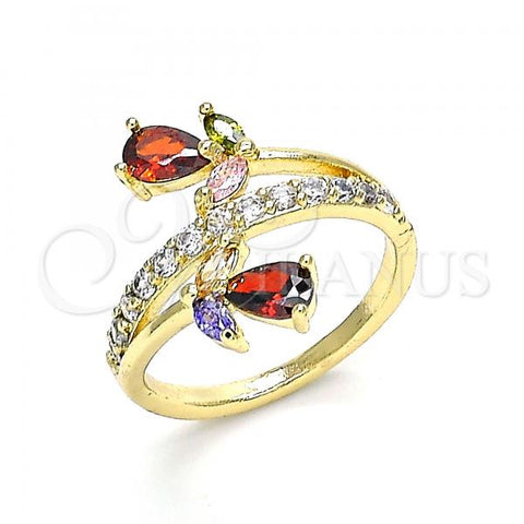 Oro Laminado Multi Stone Ring, Gold Filled Style Teardrop and Leaf Design, with Multicolor Cubic Zirconia and White Micro Pave, Polished, Golden Finish, 01.210.0145.08