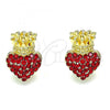 Oro Laminado Stud Earring, Gold Filled Style Heart and Crown Design, with Garnet Crystal, Polished, Golden Finish, 02.63.2708.1