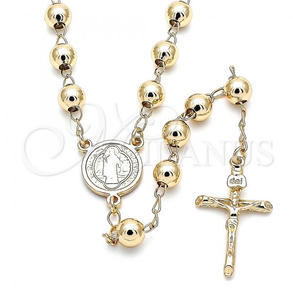 Oro Laminado Medium Rosary, Gold Filled Style San Benito and Crucifix Design, Polished, Golden Finish, 09.213.0025.24