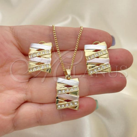 Oro Laminado Earring and Pendant Adult Set, Gold Filled Style with White Crystal, Polished, Tricolor, 10.361.0013