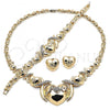 Oro Laminado Necklace, Bracelet and Earring, Gold Filled Style Hugs and Kisses and Heart Design, with White Crystal, Polished, Golden Finish, 06.372.0044