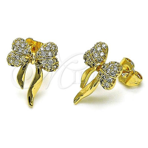 Oro Laminado Stud Earring, Gold Filled Style Bow Design, with White Micro Pave, Polished, Golden Finish, 02.283.0097
