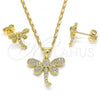 Oro Laminado Earring and Pendant Adult Set, Gold Filled Style Dragon-Fly Design, with White Micro Pave, Polished, Golden Finish, 10.156.0148
