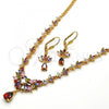 Oro Laminado Necklace and Earring, Gold Filled Style Teardrop and Leaf Design, with Multicolor Cubic Zirconia, Polished, Golden Finish, 06.236.0002.1