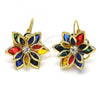 Oro Laminado Leverback Earring, Gold Filled Style Flower Design, with Multicolor Crystal, Polished, Golden Finish, 02.64.0638.5