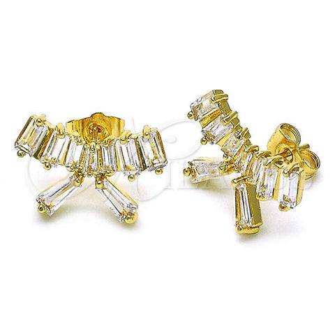 Oro Laminado Stud Earring, Gold Filled Style Bow and Baguette Design, with White Cubic Zirconia, Polished, Golden Finish, 02.283.0102