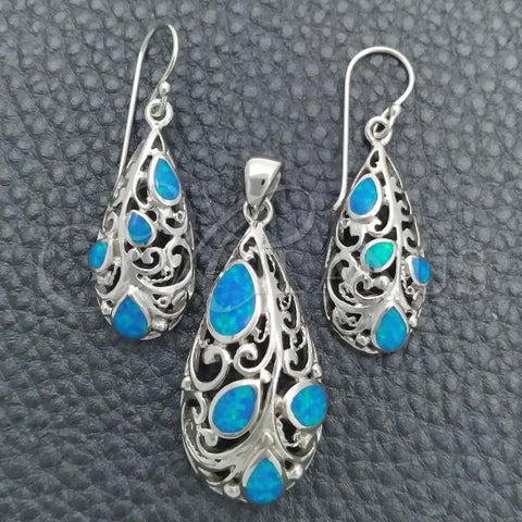 Sterling Silver Earring and Pendant Adult Set, with Bermuda Blue Opal, Polished, Silver Finish, 10.391.0006