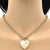 Oro Laminado Necklace and Bracelet, Gold Filled Style Rolo and Heart Design, with White Crystal, White Enamel Finish, Golden Finish, 06.63.0181.1