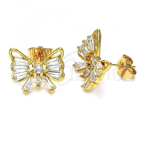 Oro Laminado Stud Earring, Gold Filled Style Butterfly Design, with White Cubic Zirconia, Polished, Golden Finish, 02.387.0085