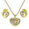 Oro Laminado Earring and Pendant Adult Set, Gold Filled Style Heart Design, with Garnet and White Micro Pave, Polished, Golden Finish, 10.199.0034.2