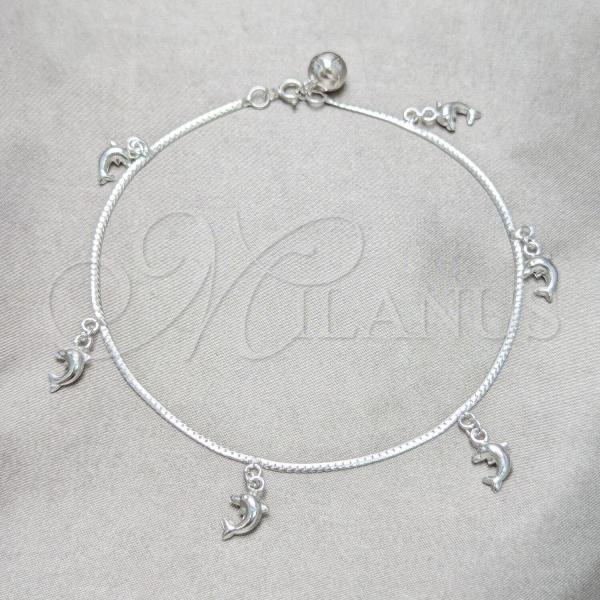 Sterling Silver Fancy Anklet, Dolphin Design, Polished, Silver Finish, 03.409.0053.10