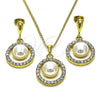 Oro Laminado Earring and Pendant Adult Set, Gold Filled Style with Ivory Pearl and Crystal Crystal, Polished, Golden Finish, 10.379.0065