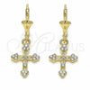 Oro Laminado Dangle Earring, Gold Filled Style Cross Design, with White Crystal, Polished, Golden Finish, 02.351.0036