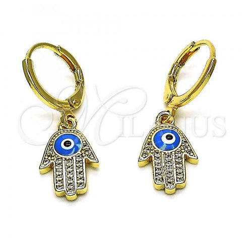 Oro Laminado Dangle Earring, Gold Filled Style Hand of God and Evil Eye Design, with White Micro Pave, Turquoise Enamel Finish, Golden Finish, 02.253.0051