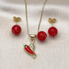 Oro Laminado Earring and Pendant Adult Set, Gold Filled Style Chili and Ball Design, with White Micro Pave, Red Enamel Finish, Golden Finish, 10.417.0030