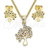 Oro Laminado Earring and Pendant Adult Set, Gold Filled Style Tree Design, with Multicolor Micro Pave, Polished, Golden Finish, 10.156.0257.1
