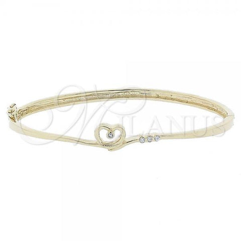 Oro Laminado Individual Bangle, Gold Filled Style Heart Design, with White Crystal, Polished, Golden Finish, 07.156.0014 (08 MM Thickness, Size 5 - 2.50 Diameter)