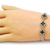 Oro Laminado Fancy Bracelet, Gold Filled Style Four-leaf Clover and Miami Cuban Design, with Green and White Cubic Zirconia, Polished, Golden Finish, 03.283.0433.07