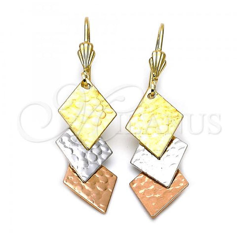 Oro Laminado Long Earring, Gold Filled Style Diamond Cutting Finish, Tricolor, 02.60.0005