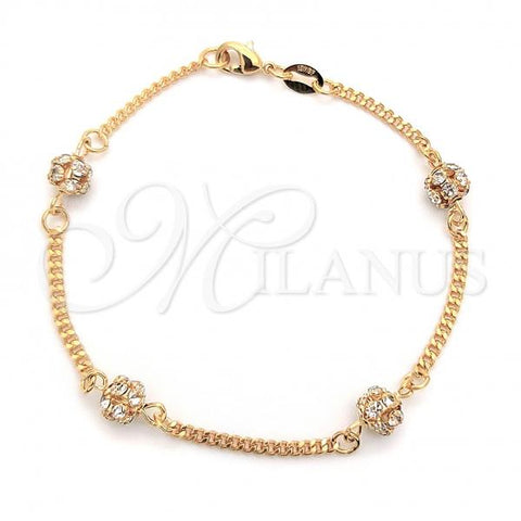 Oro Laminado Fancy Bracelet, Gold Filled Style Ball and Miami Cuban Design, with White Cubic Zirconia, Polished, Golden Finish, 03.32.0170.07