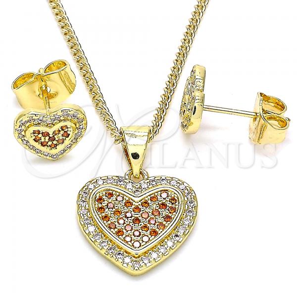 Oro Laminado Earring and Pendant Adult Set, Gold Filled Style Heart Design, with Garnet and White Micro Pave, Polished, Golden Finish, 10.156.0310.1