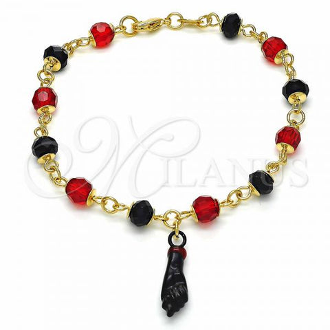 Oro Laminado Charm Bracelet, Gold Filled Style Hand Design, with Black Azavache and Ruby Crystal, Polished, Golden Finish, 03.32.0226.07