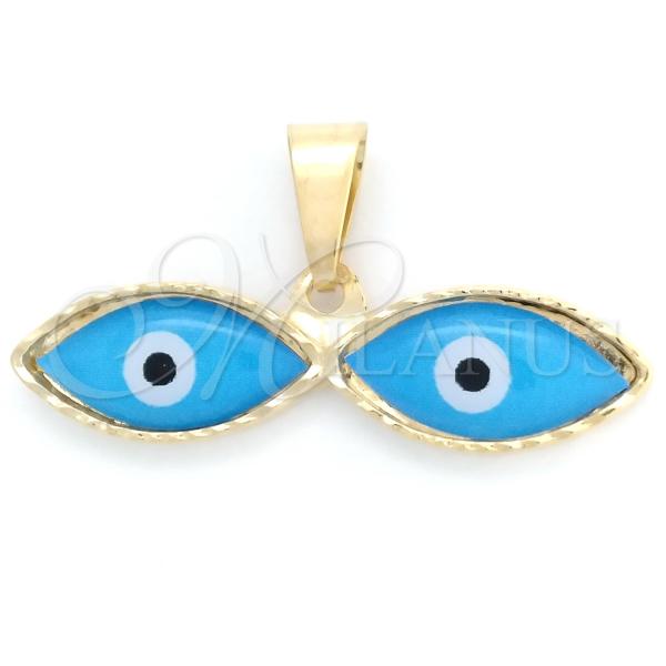 Oro Laminado Fancy Pendant, Gold Filled Style Evil Eye Design, with Aqua Blue Mother of Pearl, Light Blue Enamel Finish, Golden Finish, 05.32.0087.2