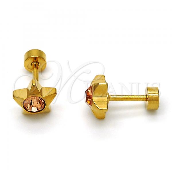 Stainless Steel Stud Earring, Star Design, with Dark Champagne Crystal, Polished, Golden Finish, 02.271.0016.9