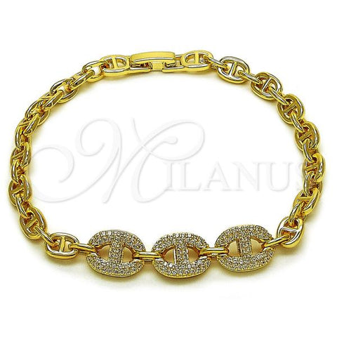 Oro Laminado Fancy Bracelet, Gold Filled Style Puff Mariner Design, with White Micro Pave, Polished, Golden Finish, 03.283.0468.08