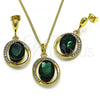 Oro Laminado Earring and Pendant Adult Set, Gold Filled Style with Emerald and Crystal Crystal, Polished, Golden Finish, 10.379.0046.2