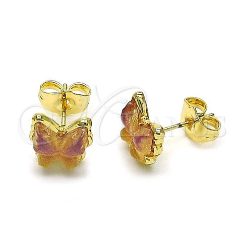 Oro Laminado Stud Earring, Gold Filled Style Butterfly Design, Purple Resin Finish, Golden Finish, 02.196.0136