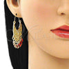 Oro Laminado Long Earring, Gold Filled Style Guadalupe and Evil Eye Design, Red Resin Finish, Golden Finish, 02.380.0056.1