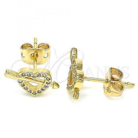 Oro Laminado Stud Earring, Gold Filled Style Heart Design, with White Micro Pave, Polished, Golden Finish, 02.342.0090