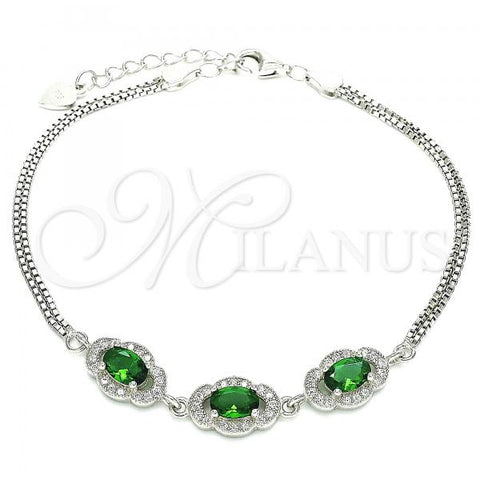 Sterling Silver Fancy Bracelet, with Green Cubic Zirconia and White Micro Pave, Polished, Rhodium Finish, 03.286.0020.2.07