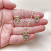 Oro Laminado Earring and Pendant Adult Set, Gold Filled Style Owl Design, with Green and Black Cubic Zirconia, Polished, Golden Finish, 10.196.0175