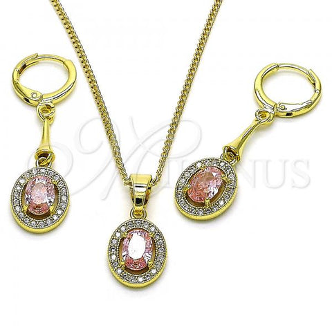 Oro Laminado Earring and Pendant Adult Set, Gold Filled Style with Pink Cubic Zirconia and White Micro Pave, Polished, Golden Finish, 10.387.0007