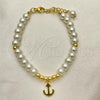 Oro Laminado Fancy Bracelet, Gold Filled Style Anchor and Ball Design, with Ivory Pearl, Polished, Golden Finish, 03.405.0015.07